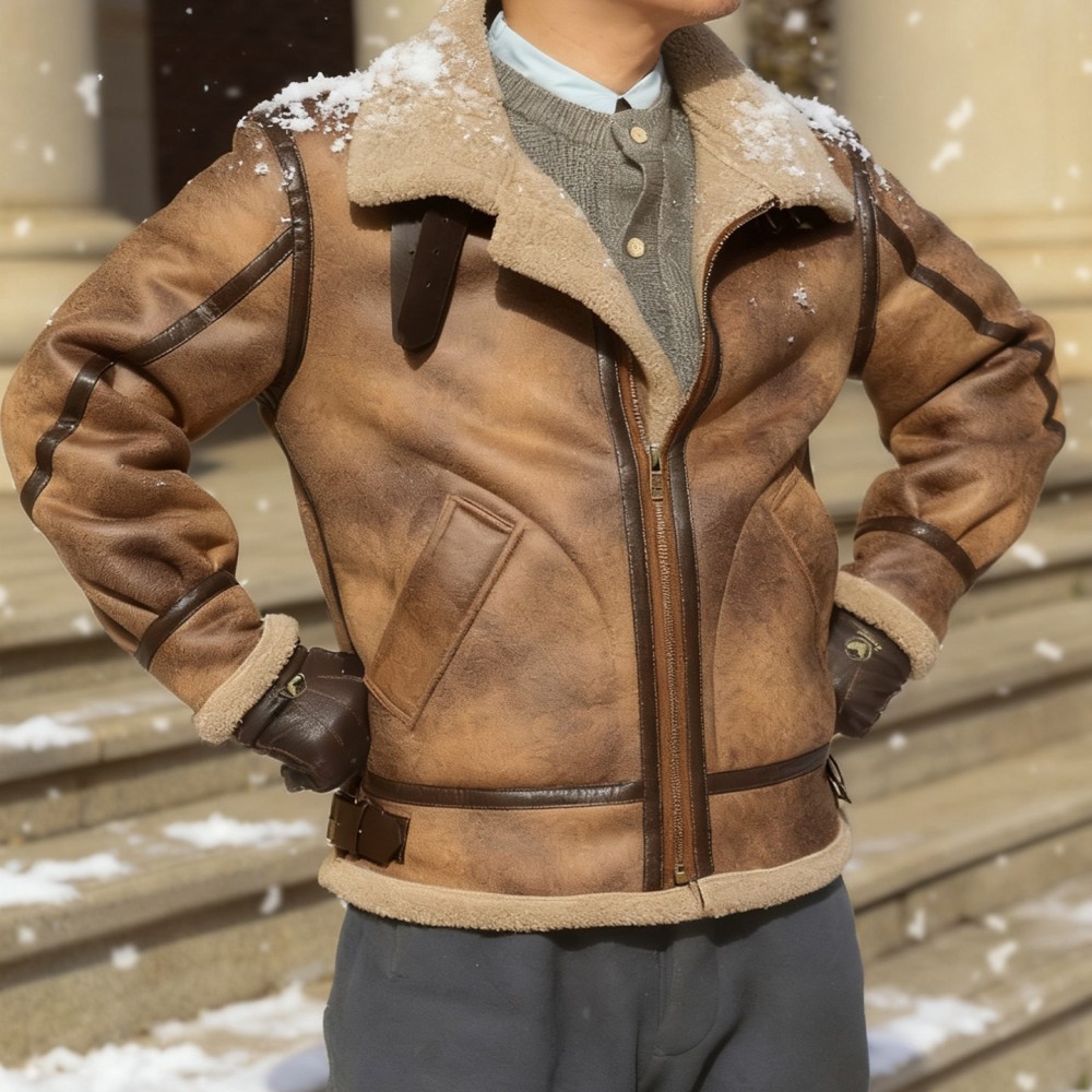 Notched Collar Leather and Shearling Coat