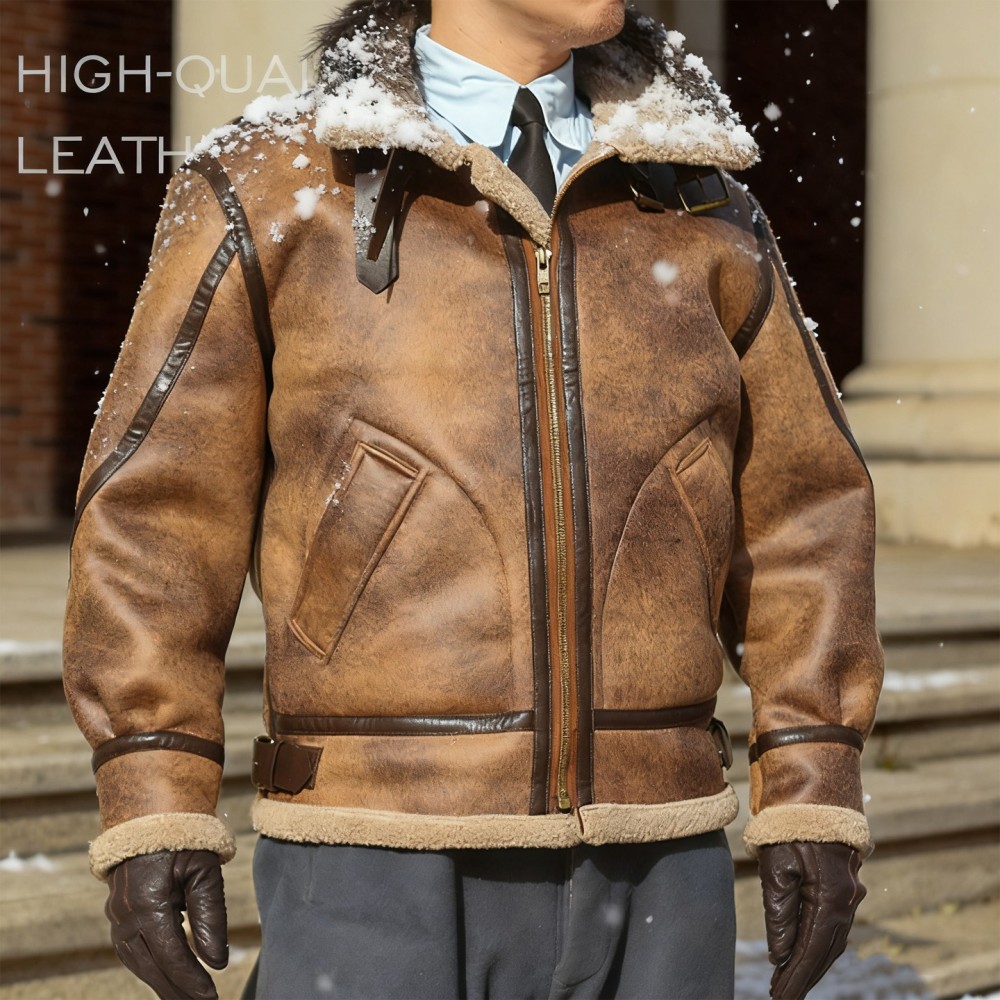 Notched Collar Leather and Shearling Coat