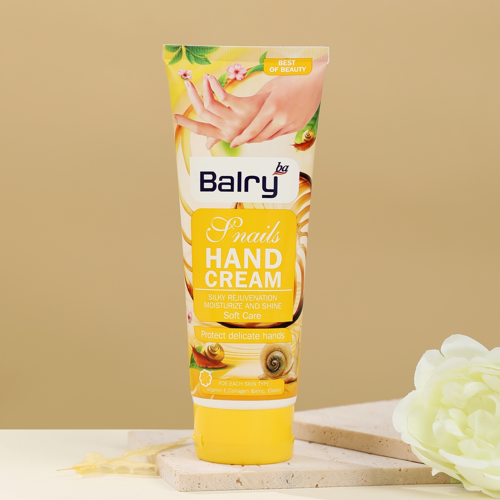 A tube of our nourishing Snail Mucin Hand Cream, a market-ready formula for private label branding and wholesale from our hand care factory.