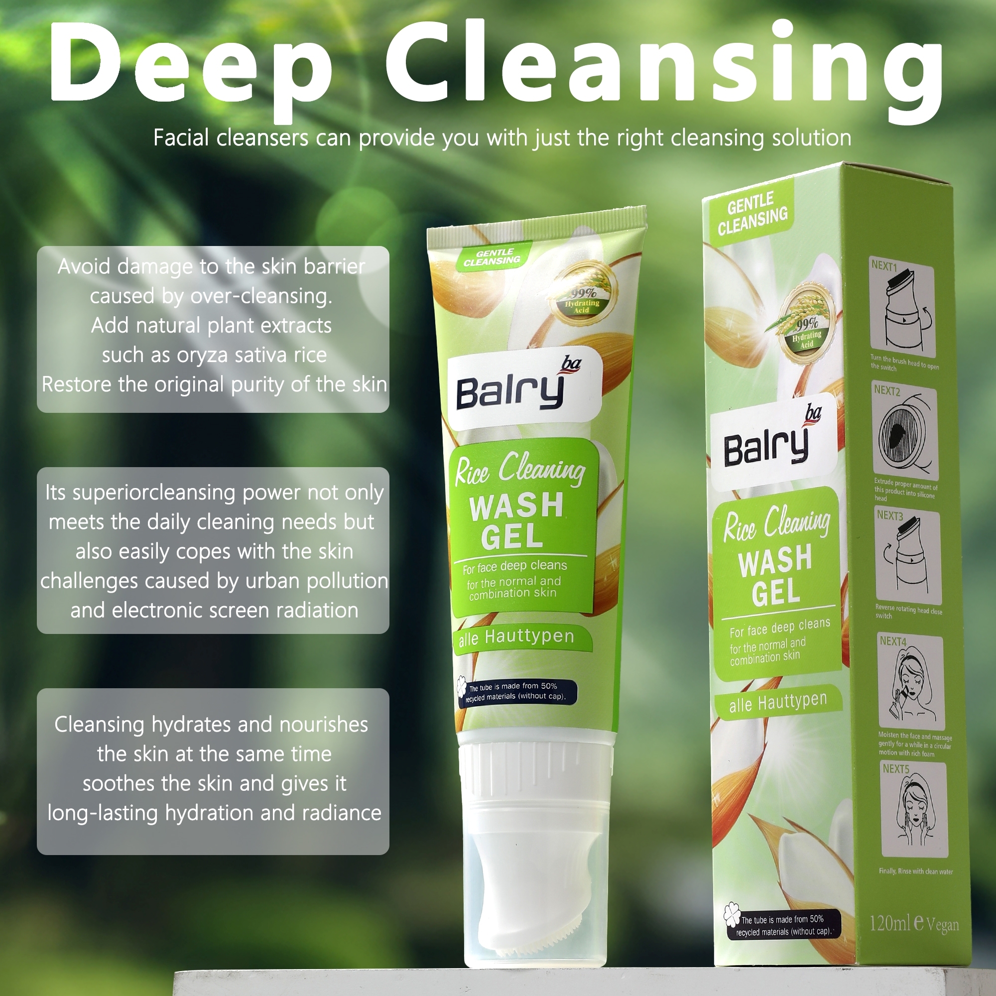 Deep Pore Cleansing Hydrating Rice Face Wash with Facial Cleansing Brush