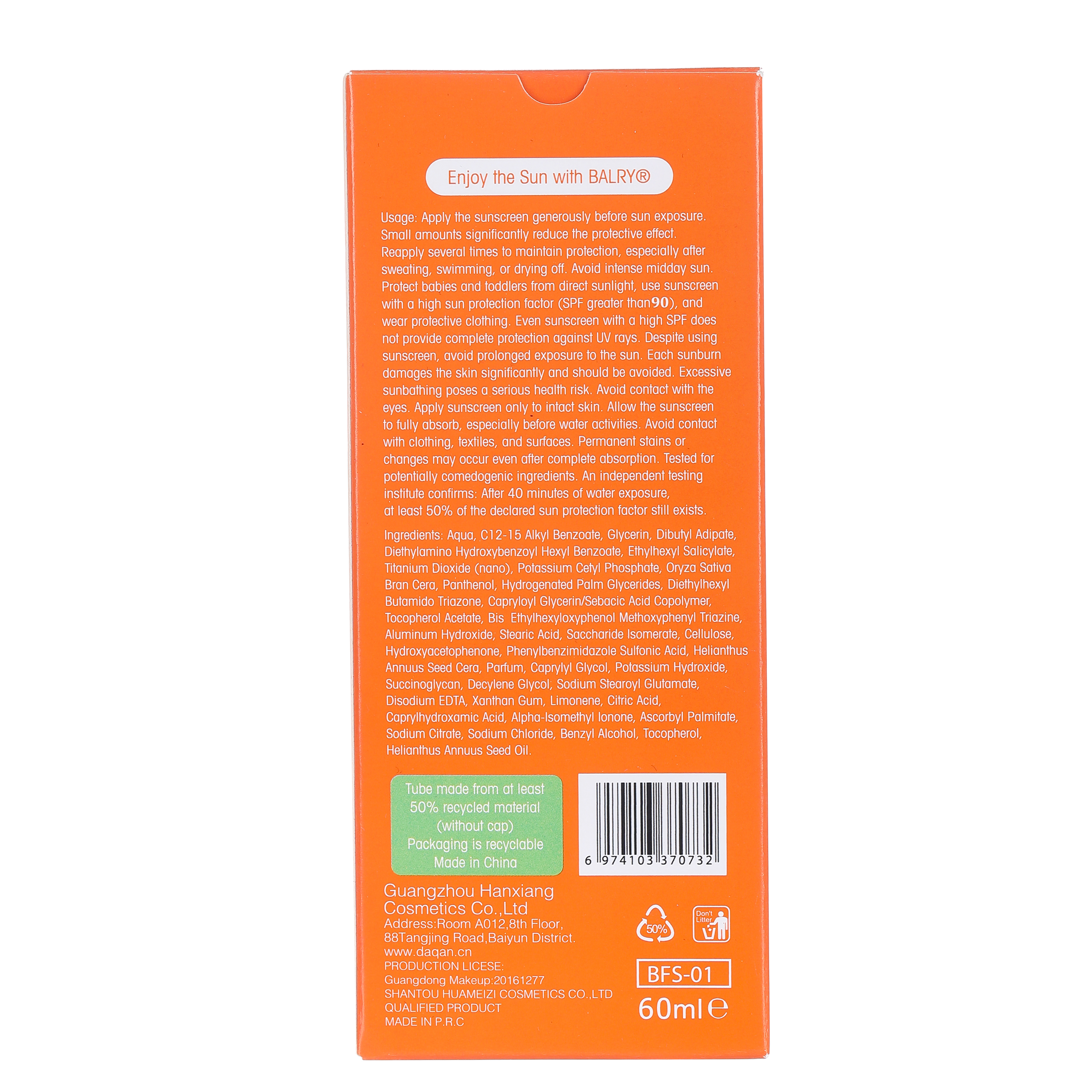 Balry Water-Resistant Quality Face Sunscreen UV Protection Sunblock
