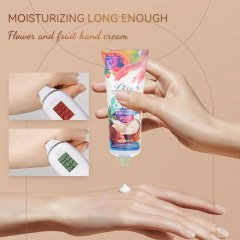Before and after using Liru's coconut hand cream, showing improved skin tone and texture.