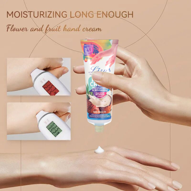 Before and after using Liru's coconut hand cream, showing improved skin tone and texture.
