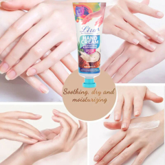 Person applying Liru's coconut scent hand cream, showing gentle application for smooth skin.