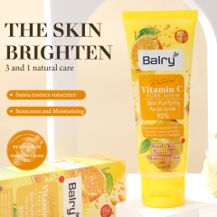 Infographic on Balry's Vitamin C Facial Scrub benefits: exfoliates, brightens, and hydrates.