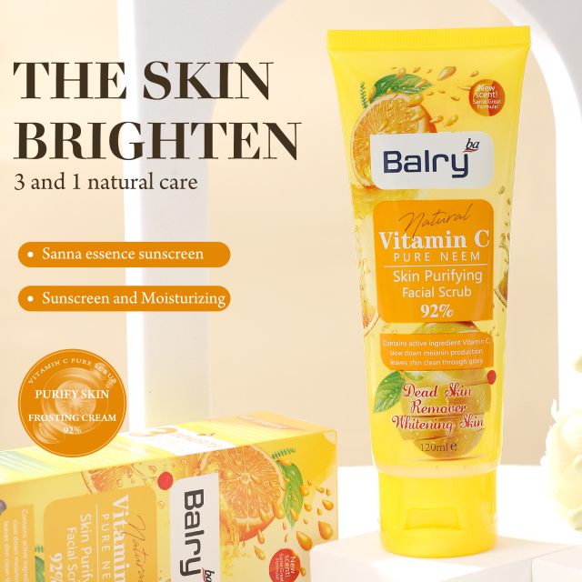 Infographic on Balry's Vitamin C Facial Scrub benefits: exfoliates, brightens, and hydrates.