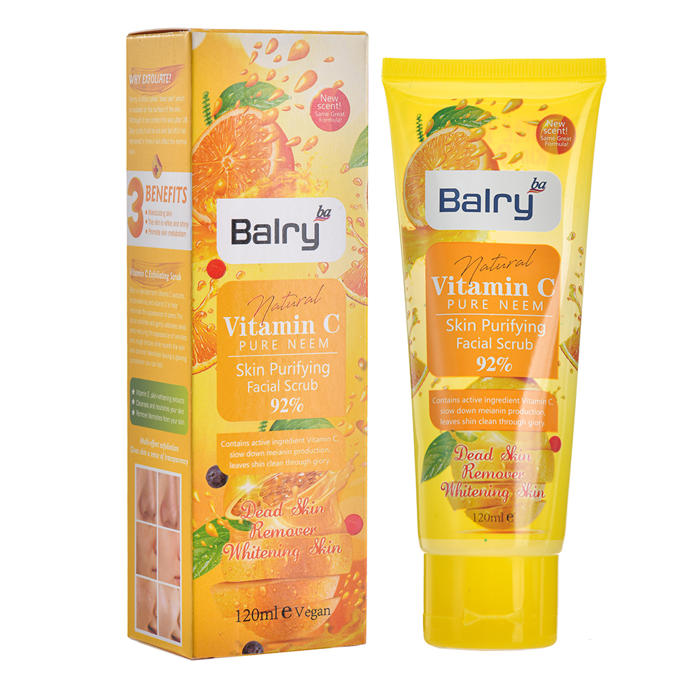 Balry’s Vitamin C Facial Scrub tube and box, a gentle exfoliating scrub for brighter skin.