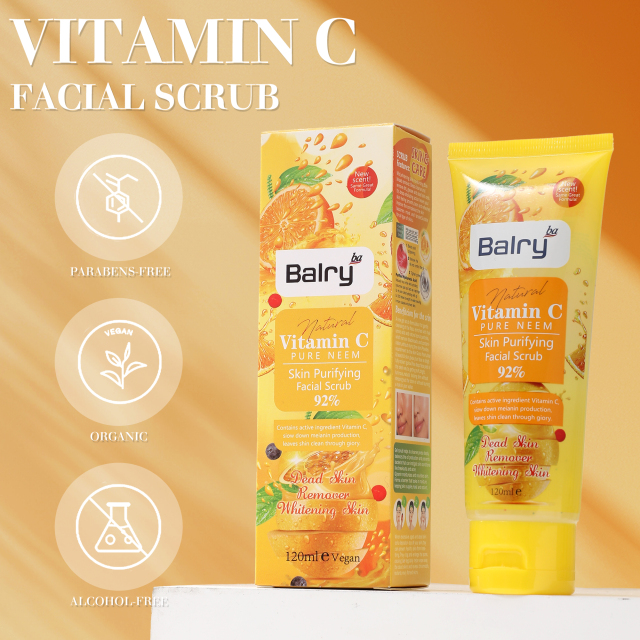Before and after using Balry's Vitamin C Facial Scrub, showing improved skin tone and texture.