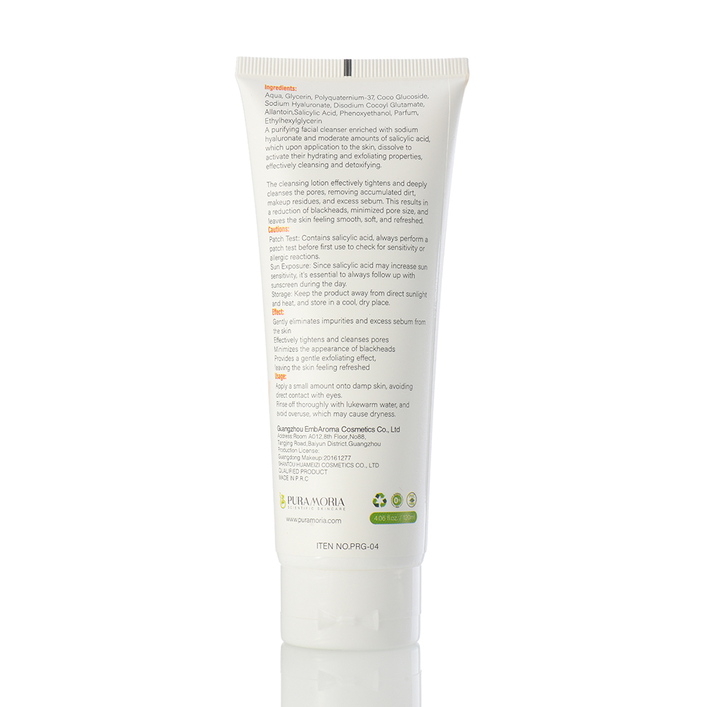 Infographic on Puramoria BHA Hyaluronic Acid Cleanser benefits: deep cleanses, hydrates, and balances skin.