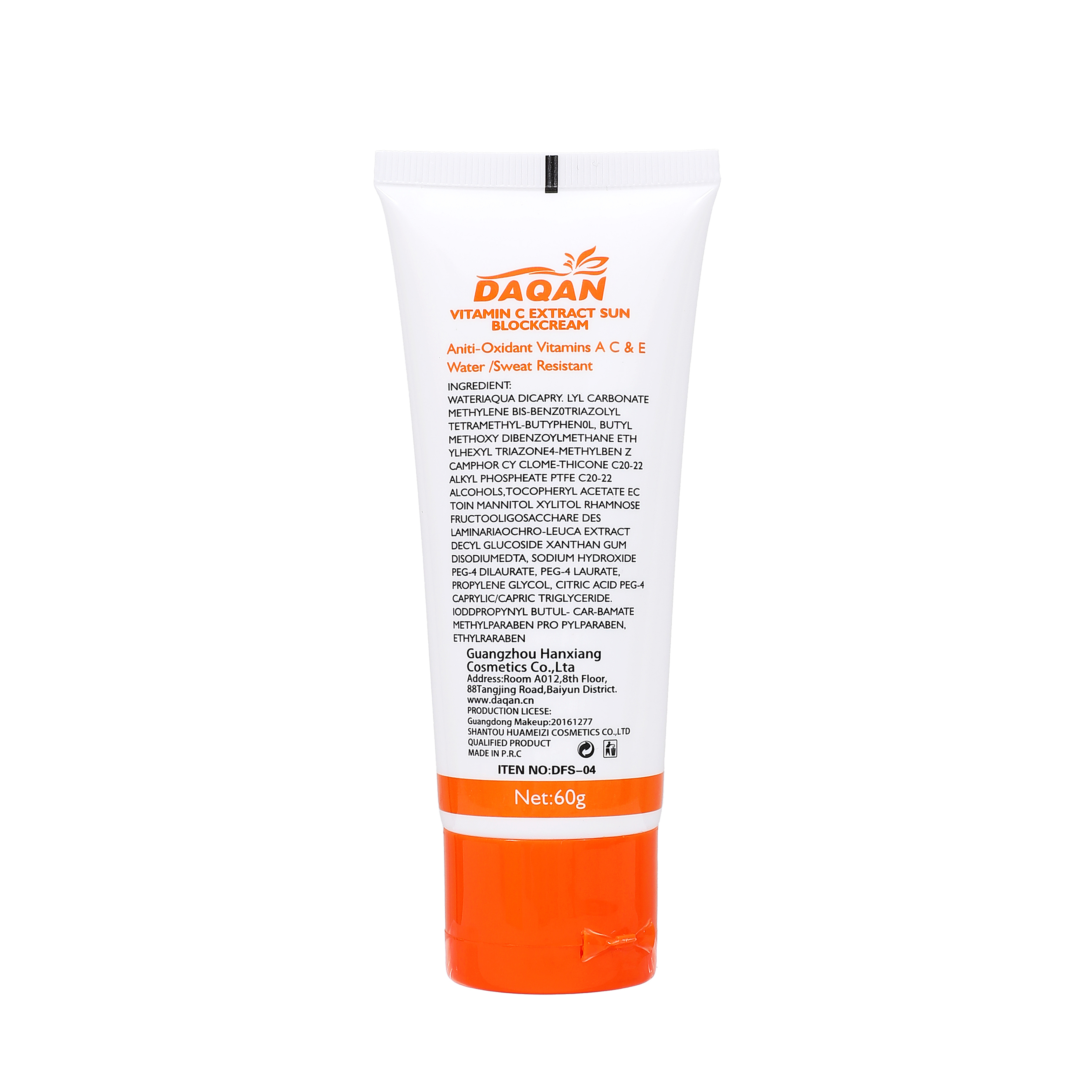 Ingredients of Daqan SPF90 Face Sunscreen, featuring Titanium Dioxide for physical UV protection
