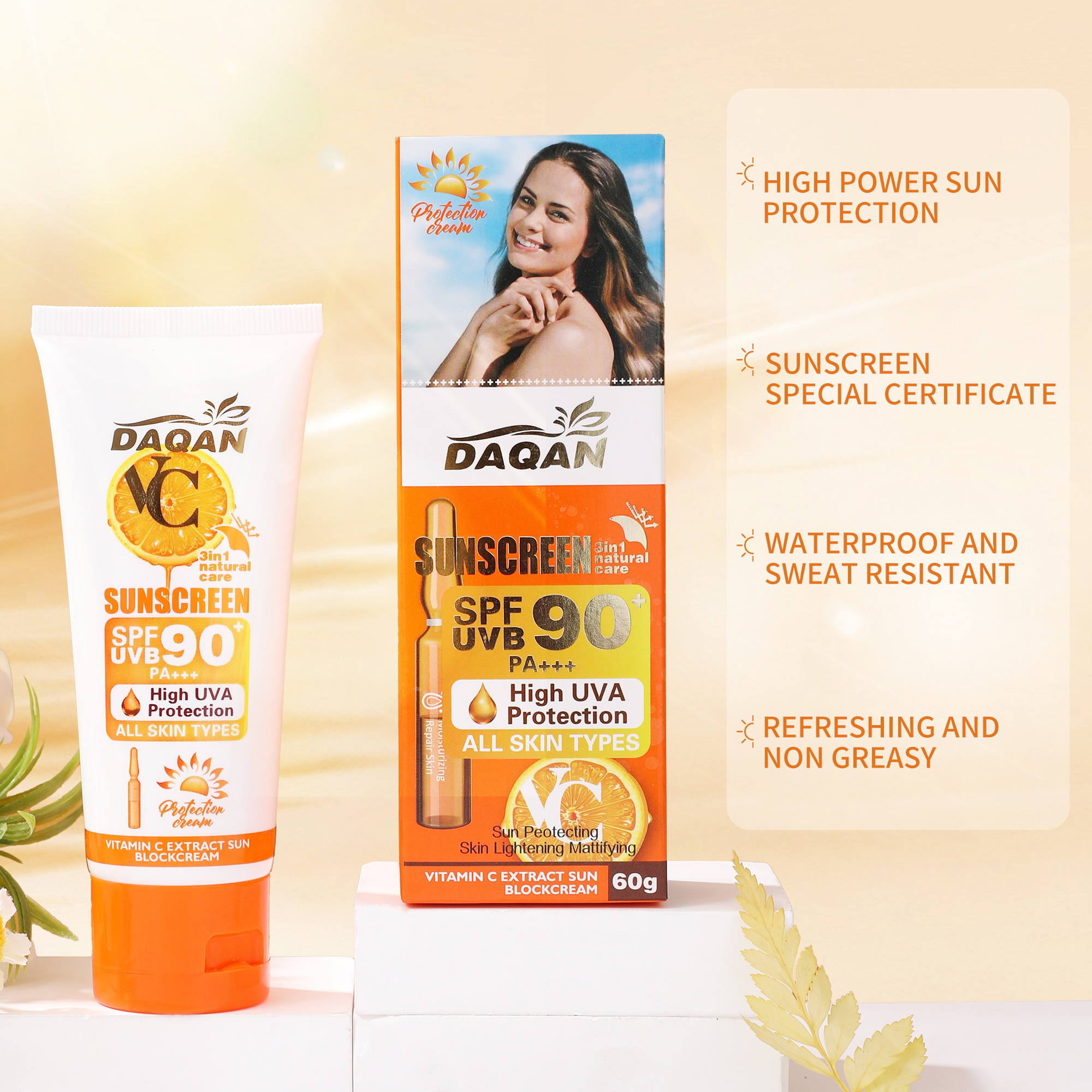 Daqan SPF90 Face Sunscreen bottle, lightweight and skin whitening