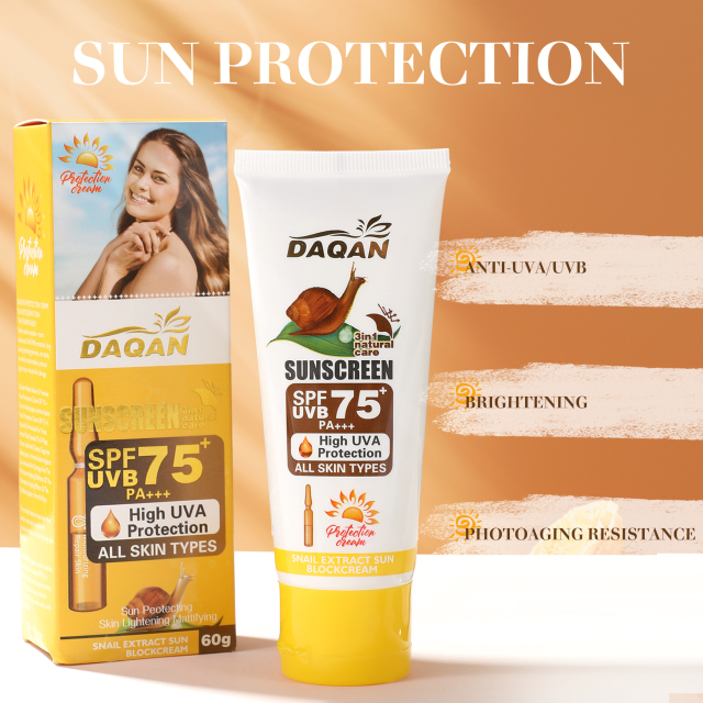 Person applying Daqan SPF75 Snail Extract Sunscreen, perfect for daily UV protection