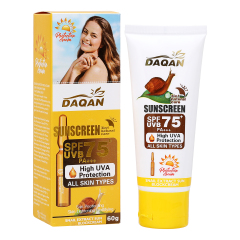Daqan SPF75 Snail Extract Sunscreen packaging, ideal for wholesale and private label