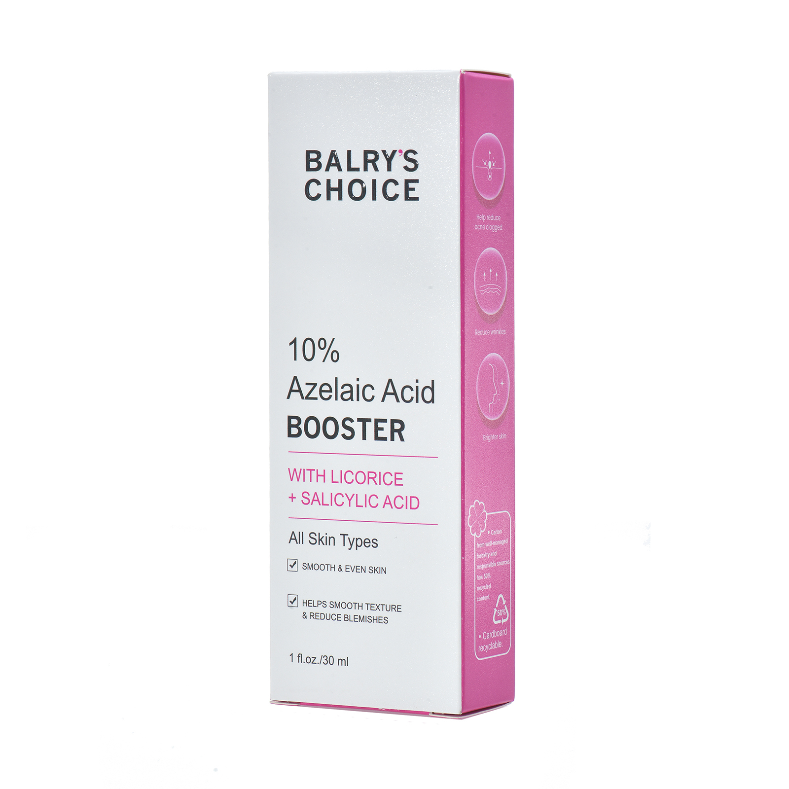 Key ingredients of BALRY's acne treatment: 10% Azelaic Acid, Salicylic Acid (BHA), and Licorice Root for brightening and clarifying skin.