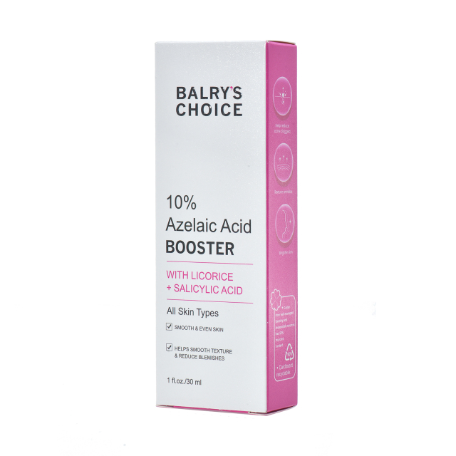 Key ingredients of BALRY's acne treatment: 10% Azelaic Acid, Salicylic Acid (BHA), and Licorice Root for brightening and clarifying skin.