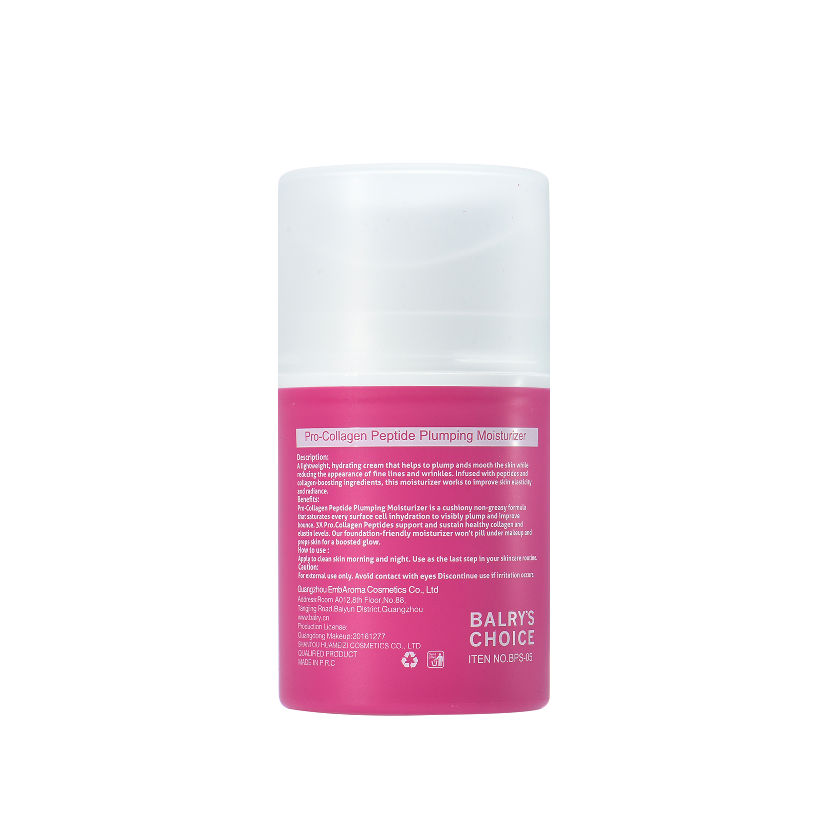 Back view of BALRY's Peptide Cream, showing the full ingredient list including its Tri-Peptide Complex, and directions for daily use. Dermatologist-tested and non-comedogenic.