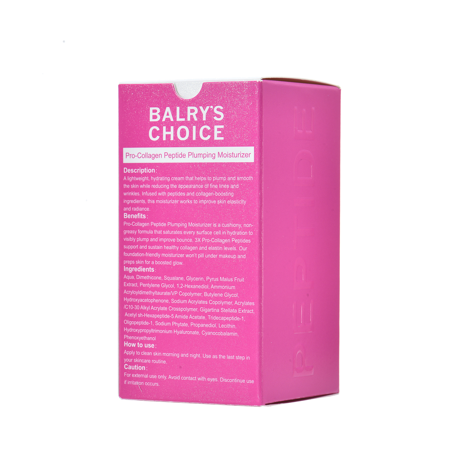 Back view of BALRY's Peptide Cream box, showing the full ingredient list including its Tri-Peptide Complex, and directions for daily use. Dermatologist-tested and non-comedogenic.