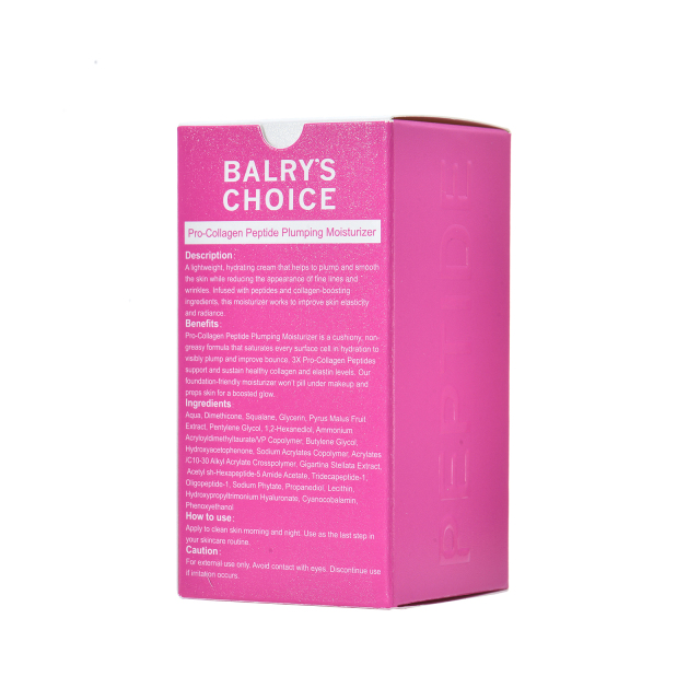 Back view of BALRY's Peptide Cream box, showing the full ingredient list including its Tri-Peptide Complex, and directions for daily use. Dermatologist-tested and non-comedogenic.
