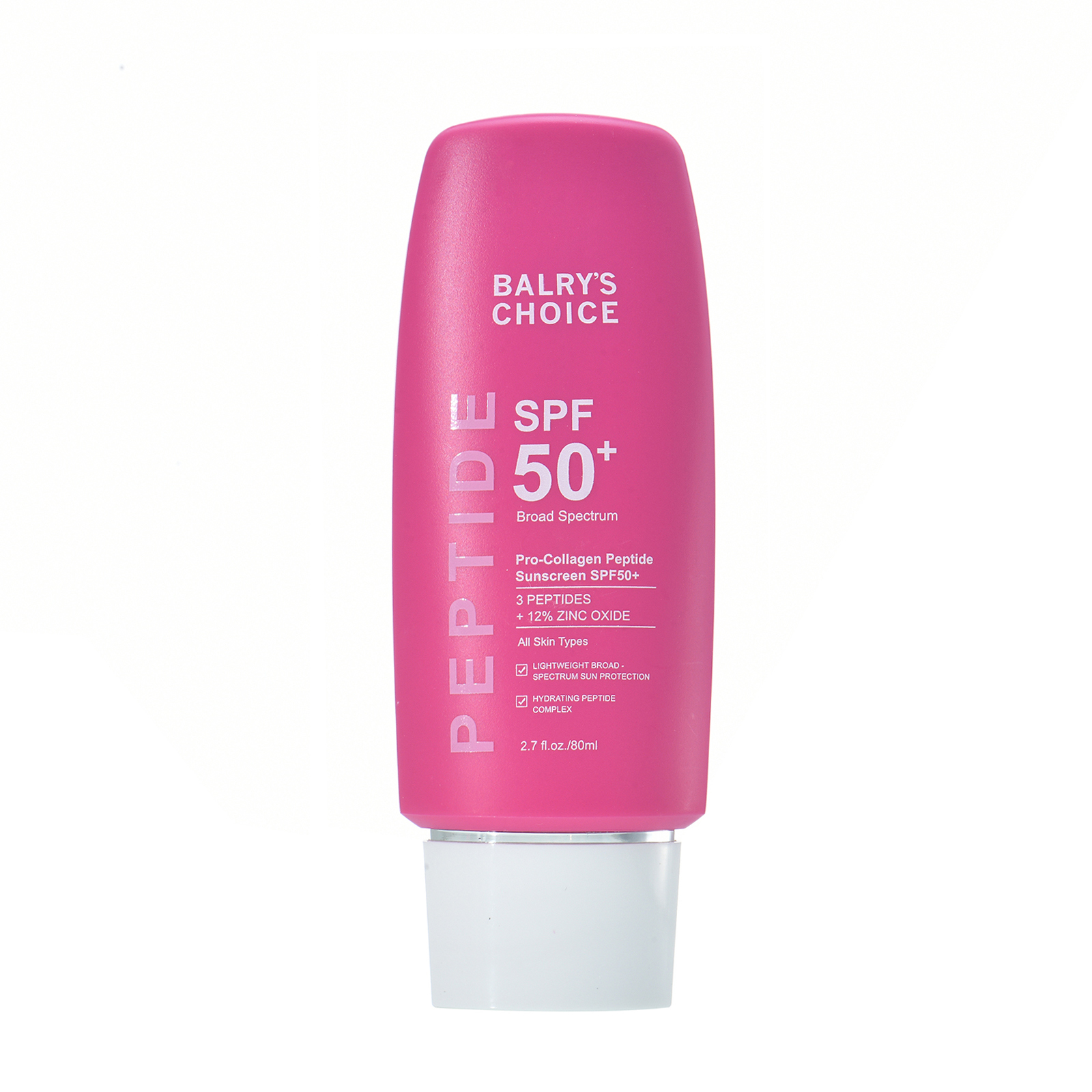 Front view of a premium SPF 50 peptide mineral sunscreen, a market-ready formula available for private label and bulk order