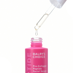 A drop of the lightweight, non-greasy BALRY Pro-Collagen Peptide Serum from its dropper, showing its fast-absorbing texture ideal for daily hydration.