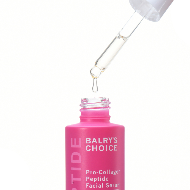 A drop of the lightweight, non-greasy BALRY Pro-Collagen Peptide Serum from its dropper, showing its fast-absorbing texture ideal for daily hydration.