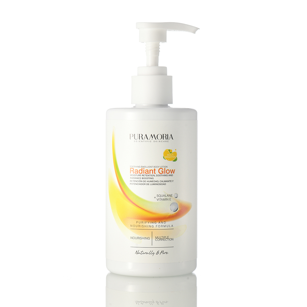 PURAMORIA Vitamin E Brightening Body Lotion full-size bottle on white background