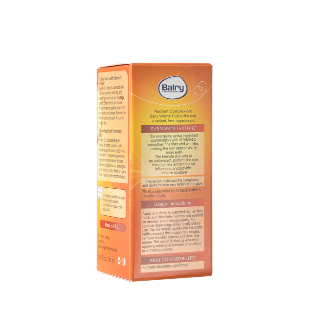 The back label of our wholesale Vitamin C serum, showing the full INCI list for review by B2B partners seeking cost-effective OEM/ODM manufacturing.