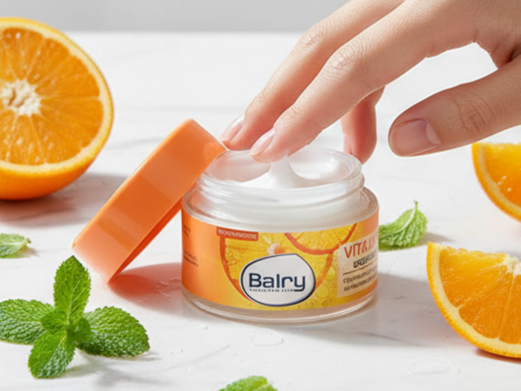 Hand dipping into a jar of Balry vitamin C face cream surrounded by orange slices and mint leaves on a white surface