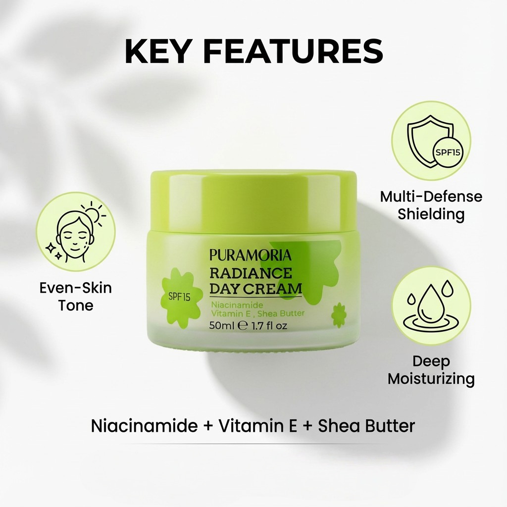 Icons illustrating key product benefits: Broad Spectrum SPF 15, Skin Brightening, and Barrier Repair for marketing materials.