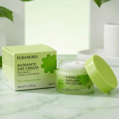 Lifestyle shot demonstrating the application of PURAMORIA Niacinamide Day Cream as part of a protective morning skincare routine.