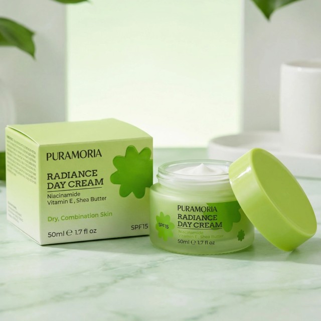 Lifestyle shot demonstrating the application of PURAMORIA Niacinamide Day Cream as part of a protective morning skincare routine.