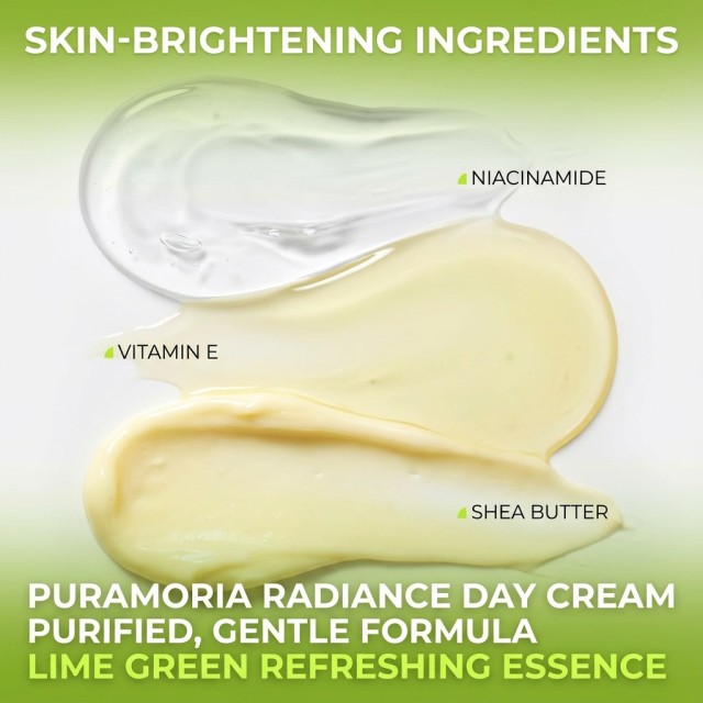 Graphic highlighting key active ingredients: Niacinamide, Vitamin E, and Shea Butter in this multi-defense day cream formula.