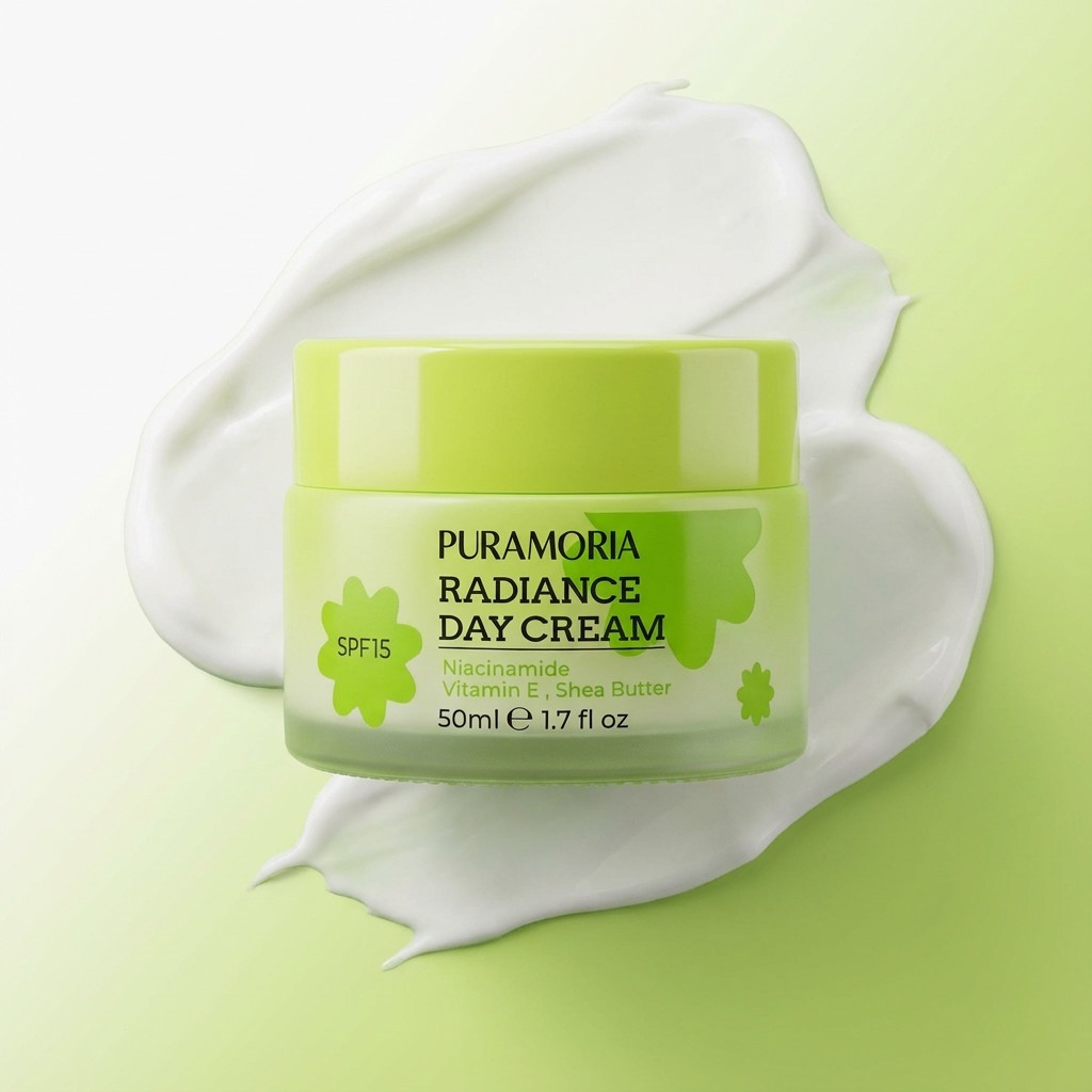 Close-up texture shot showing the lightweight, white, fast-absorbing consistency of the Niacinamide SPF 15 cream.