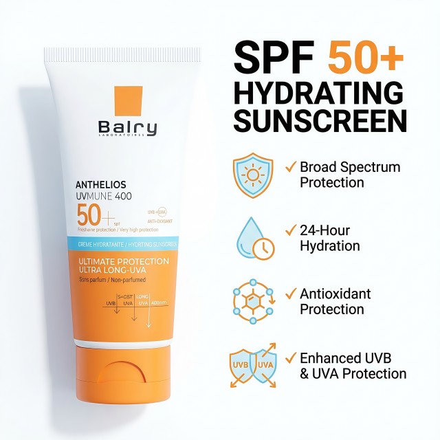 Icons representing core features: SPF 50+, 24-hour hydration, and water resistance for this B2B face sunscreen.