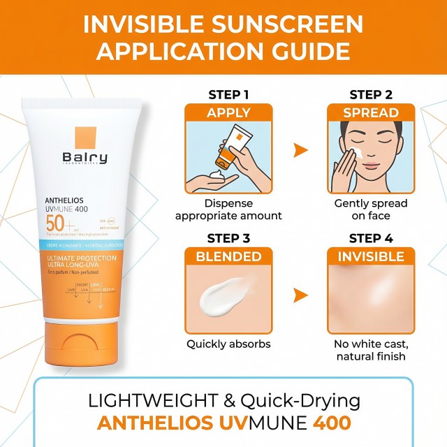 Instructional graphic on how to dispense and apply the pump-action sunscreen generously for maximum defense.