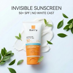 Demonstration of the invisible finish with no white cast on skin, a key selling point for private label sunscreen brands.