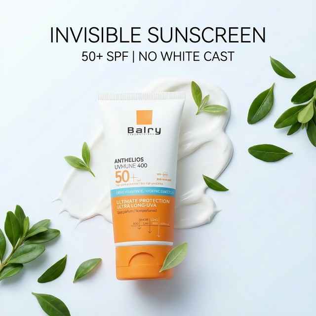 Demonstration of the invisible finish with no white cast on skin, a key selling point for private label sunscreen brands.