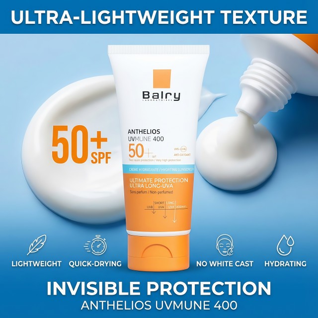 Close-up of the lightweight, non-greasy lotion texture of Balry's hydrating face sunscreen, showing quick absorption.