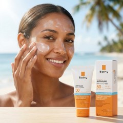 Model with sensitive skin using Balry SPF 50+ sunscreen, demonstrating skin compatibility and hydration.