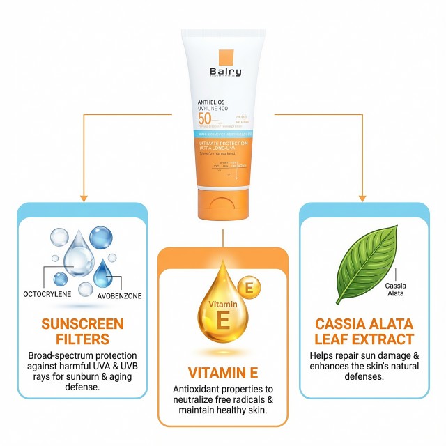 Graphic highlighting key ingredients like Vitamin E and Broad-Spectrum UV filters in Balry's sunscreen formula.