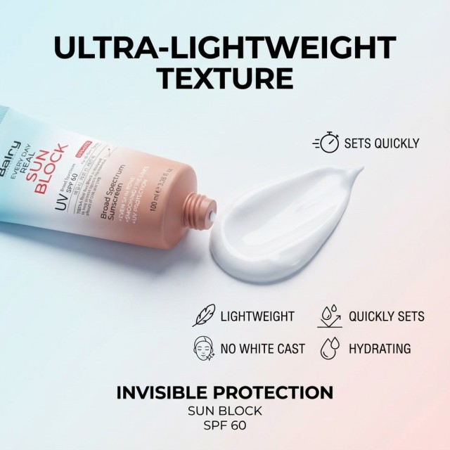 Icons representing core features: SPF 60 broad-spectrum physical protection, even skin tone, and suitability for oily skin.