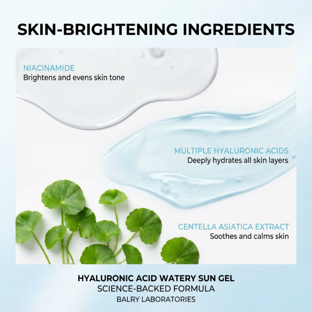 Chart showing the 8-Type Hyaluronic Acid Matrix, Ceramide NP, and Niacinamide ingredients in Balry's advanced skincare sunscreen.