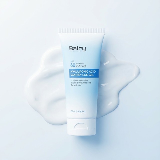 Close-up of the lightweight, serum-like texture of Balry's hydrating sunscreen, suitable for oily and combination skin types.