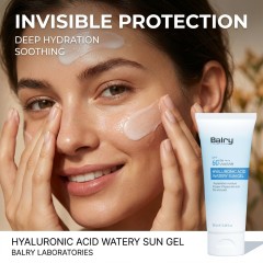 Model showing glowing, plump skin after using Balry Hydrating Sunscreen, highlighting the moisturizing and priming effect.