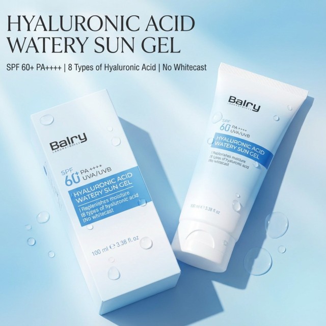 The retail-ready packaging box and bottle of Balry SPF 60 Sunscreen, designed for fast market entry for distributors.