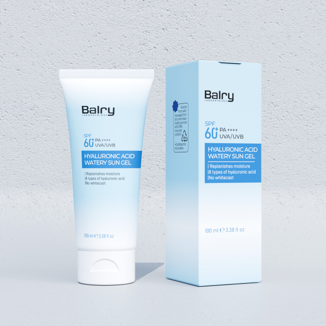 The packaging box and bottle of Balry SPF 60 Hyaluronic acid Sunscreen, designed for fast market entry for distributors.