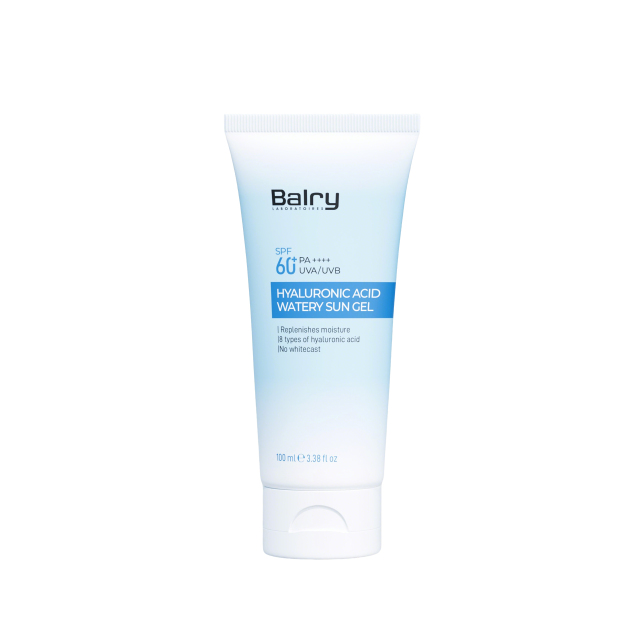 Balry SPF 60+ Hyaluronic Acid Hydrating Sunscreen bottle on white background, available for wholesale and private label.