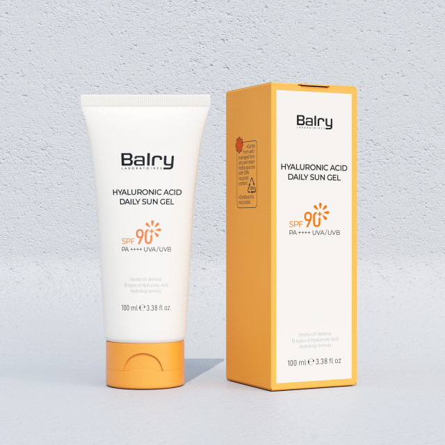 Display of Balry SPF 90 Sunscreen retail box and tube, ready for bulk shipment and global distribution.