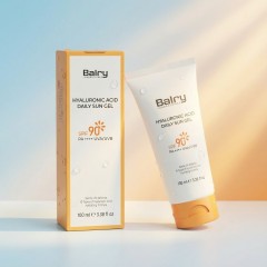 Display of Balry SPF 90 Sunscreen retail box and tube, ready for bulk shipment and global distribution.