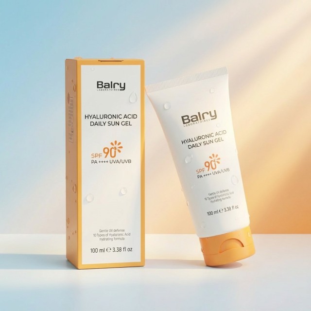 Display of Balry SPF 90 Sunscreen retail box and tube, ready for bulk shipment and global distribution.
